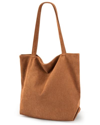 Lidxfeo Cord Tasche Damen, Wiederverwendbare Shopper Umhängetasche, Große Kapazität Tote Bag Aesthetic, Schultertaschen mit Reißverschluss und Innentasche, für Arbeit Einkaufen Schule Usw (Brown)