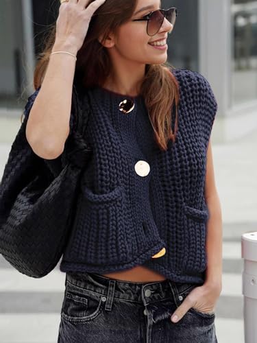Image of VNIRA Womens Fashion Casual Chunky Sweater Vest Sleeveless Button Down Knit Crop Top Open Front Cardigan with Pockets Navy L