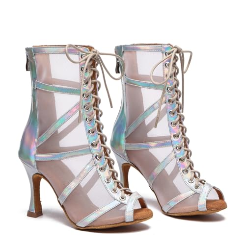 Image of Dance Practice Shoes for Women Mesh Ballroom Sandals Heels Party Prom Ankle Booties with Zip