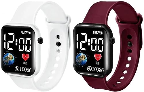 Acnos Polyurethane Premium White,Brown Colors Luminous Led Display Fashionable Children Kids Digital Watches Waterproof Sports Square Electronic Led Digital Watch For Kids Boy Baby Girls