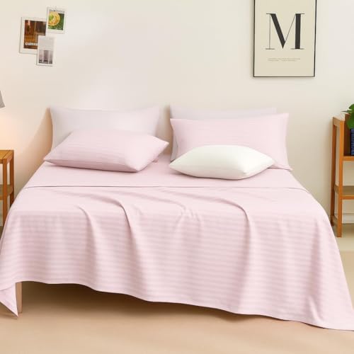 Image of Sofrito Bed Sheet Glace Cotton Striped - 300 TC - Super King (108 inchx108 inch) - with 2 Pillow Cover | Ideal for Hospitals, Clinics, Hostels, PGs, Hotels & Guest Houses | Pastel Pink