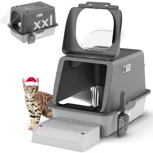 Trivico XX-Large Stainless Steel Cat Litter Box with Lid 24"x16.1"x15.2" Large Enclosed Litter Box for Big Cats, Odor Control with Magnetic Door, Easy Clean, Multi-Cat Metal Pan.(Grey)