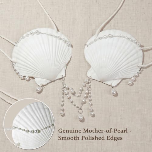 Image of White Shell Bra with Cord and Starfish Hair Clip, 4.5 inch x 5 inch DIY Natural Shell Bikini Top, Halloween Costumes for Mermaid
