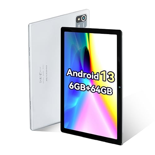 XCX Android 13 Tablet, 10 inch Tablet with 64bit 4-Core Processor, 64GB ROM 6GB RAM Tablet Android, WiFi, Bluetooth, USB-C Rechargeable, Dual Camera (Silver)