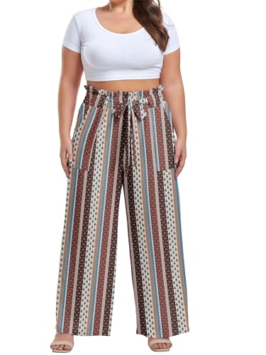 Image of OLRIK Women's Plus Size Pants Adjustable High Waisted Wide Leg Palazzo Pants Casual Trousers with Pockets Spring Clothes