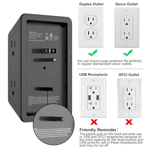 Outlet Extender, Surge Protector Outlet with 5-Multi Plug Outlet and 4 USB Ports(2 USB C), 3-Sided 1680J Power Strip Wall Charger, Multiple-Plug Outlet Splitter for Home Travel Office,ETL Listed,Black