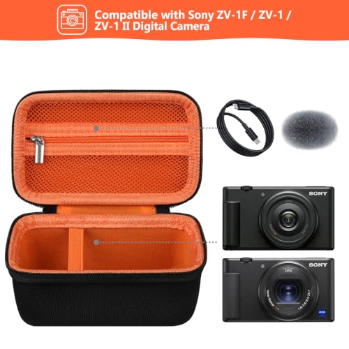 Image of Hard Travel Case for Sony ZV-1F / ZV-1 / ZV-1 II Digital Camera, Vlogger Camera Storage Holder Travel Bag with Zipper Mesh Pocket for Battery Pack, Charging Cable, USB Card, Orange