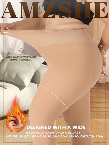 Image of Plus Size Fleece Lined Tights Women, Control Top Thermal Tights for Women, Fake Translucent Winter Warm Tights