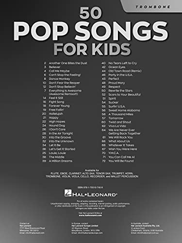 image for Hal Leonard 50 Pop Songs for Kids Trombone Sheet Music Songbook | Easy