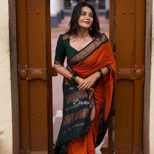 Image of DHIHA Gadwal Cotton Saree for Women | Pure Kalyani Cotton Saree with Zari Border Tassels & Blouse | Kanjivaram Linen Silk | Handloom Weave