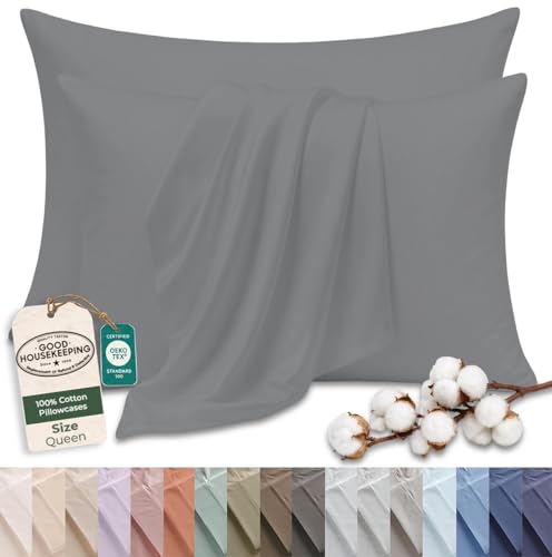 Image of Royale Linens 100% Cotton Pillow Cases Queen Size Set of 2 - Percale Pillowcase - Grey Pillow Cases Super Soft Cooling & Breathable Hotel Cotton Pillowcases, Fits Queen Pillows (20 inchx30 inch, Grey)