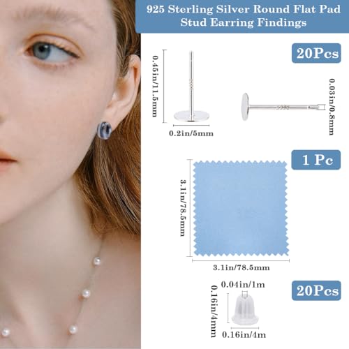 Beebeecraft 1 Box 20Pcs Flat Pad Stud Earring Settings 925 Sterling Silver Earring Cabochon Settings with 50pcs Ear Nuts and 1Pc Silver Polishing Cloth for DIY Jewellery Making Kit (Tray: 5mm) - Image 2