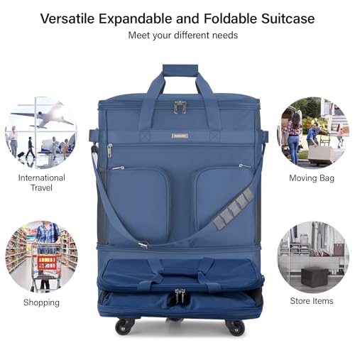 Image of Hanke Suitcases with Wheels Expandable Foldable Luggage Bag Suitcase Collapsible Rolling Travel Bag Duffel Bag for Men Women Lightweight Suitcases without Telescoping Handle, Blue, Expandable Foldable
