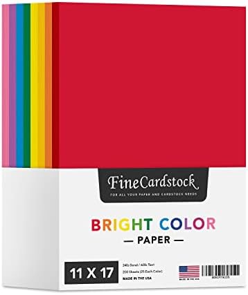 Assorted Bright Colored Paper – Perfect for Arts and Crafts, Invitations, Flyers, Posters, Menus, Decorations | Regular 24lb Bond (90gsm) | 11" x 17" | 25 Each Color (200 Sheets Total)