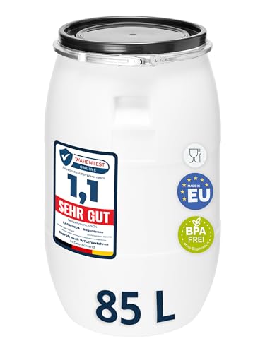 Garronda 85 Liter Deckelfass Weithalsfass aus HDPE Regenfass für Garten Fass Futtertonne Wasserbehälter Universalfass Wasserfass Regentonne Lebensmittelfass Wassertank GD-0078, Weiß