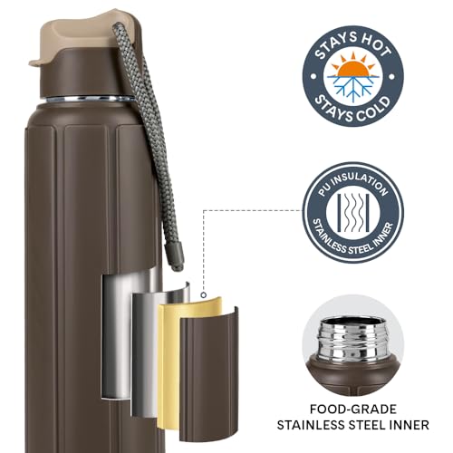 Image of Larah by Borosil 680 ml Amaze Brown Stainless Steel Water Bottle | Made in India Pu Insulated Thermoware | Leakproof, BPA Free| Bottle for Office, School, College & Gym, Daily Use | 1 Year Warranty