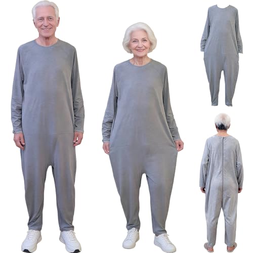 Image of Unisex One-piece Long-Sleeved Trousers,Anti-Strip and Tear-Resistant Adaptive Jumpsuit with Back and Leg Zipper,Suitable for Seniors,Incontinence Care,Dementia,Alzheimer's Patients(Gray XL)