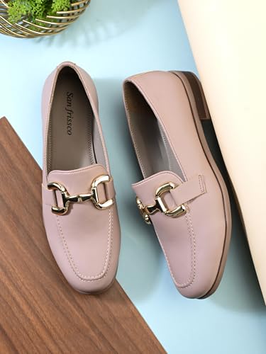 Image of San Frissco Women's Loafers | Solid Round Toe Slip-On Shoes for Women PU Moccasins with Horsebit & Buckle | Comfortable $ Lightweight for Casual, Office & Daily Use