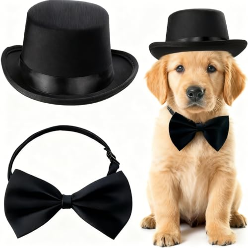 Litwlly 2Pcs Pet Dog Formal Accessories Set Cute Dogs Top Hat with Bowtie Puppies Kittens Wedding Tuxedo Necktie Costumes (Black)