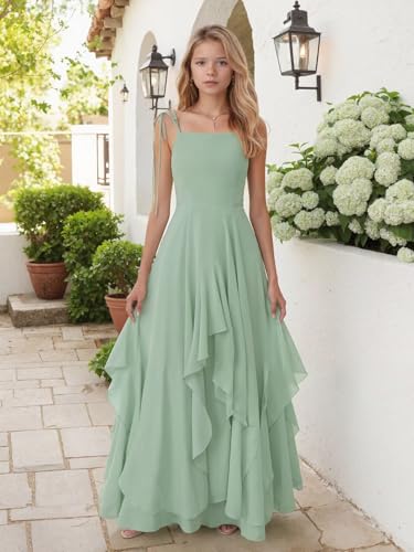 Chiffon Junior Bridesmaid Dress for Wedding Tiered A-Line Spaghetti Strap Ruffles Long Square Neck Flower Girl Dress3