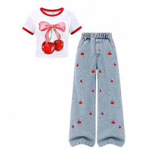 Image of Azmxynol Tween Girl Clothes Short Sleeve Top + Butterfly Design Jeans 2 Pieces Spring Summer Outfit Set, Size 6-16 Years