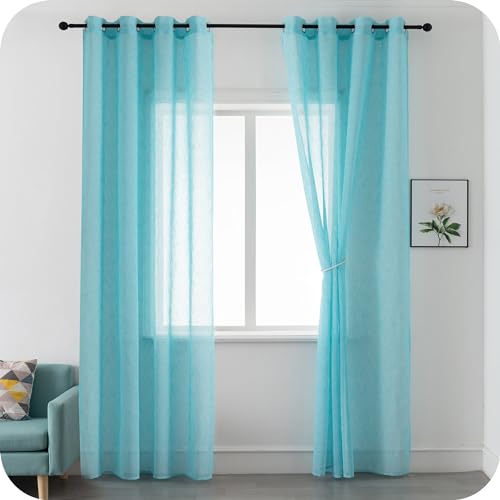 GIRASOLE Pair of Semi-Transparent Voile Curtains Linen Effect for Living Room Room Balcony Window and Interior 2 Panels with Eyelets (Turquoise, 140 x 290 cm)