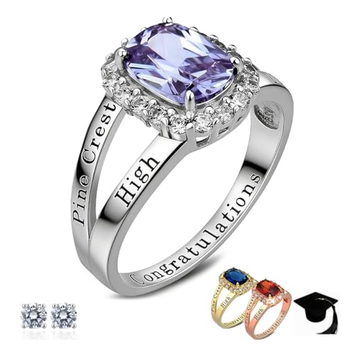 Ccjcinata Personalized 10kt White Gold Class Ring with Cubic Zirconia Birthstone Women's Graduation Customizable Women's Class Ring High School & College Sizes 5-15
