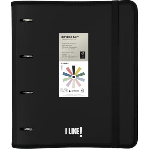 Grafoplas - Archivador 4 Anillas a4 con Recambio, Negro, Carpebook Like, Incluye Hojas Cuadriculadas 90g 5x5 Bordes Color, Separadores, Sobre con Cierre, Pegatinas y Hojas Planner, Polipropileno