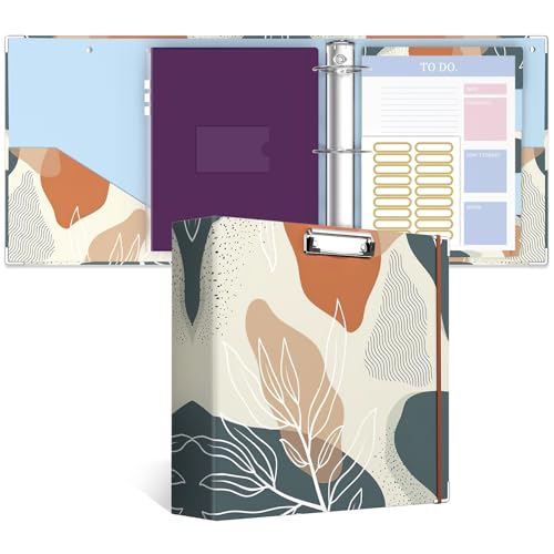 Image of 3 Ring Binder, 3 Inches Round Ring Binder with Clipboard, Dividers Tabs, PVC Zipper Bag Sleeves & to Do List Planners for Women, Men, School, Office Supplies,Boho Leaf