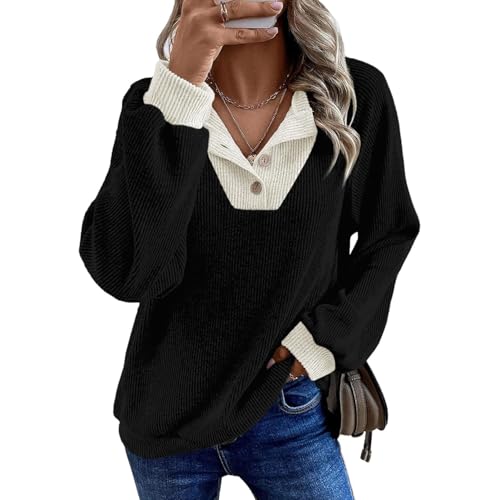 YGSIKY Sweat-Shirts pour Femmes, décontractés, Manches Longues, boutonnés, col en V, Pull en Tricot contrasté Tendance, Sweat-Shirt Patchwork à col en V (Black,Grand) – vue 2