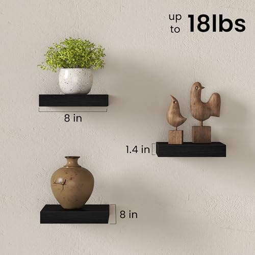 Image of Fun Memories Small Floating Shelves for Wall - 8 Inch Square Wall Shelves with Invisible Brackets, Black Shelves for Bathroom, Living Room, Bedroom, and Kitchen Decor, Set of 3