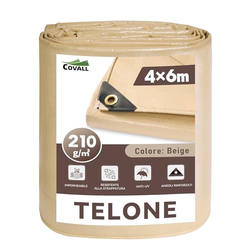 COVALL Telo Impermeabile Esterno 210g/m² 4x6m-Telone con Occhielli Rinforzati, Protezione UV, Adatto a Tutte le Stagioni-Ideale per Cantiere Edile, Copertura Legna, Campeggio e Uso All'apertoPiscine