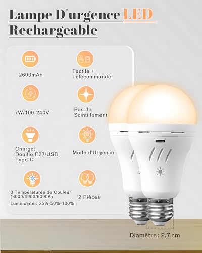 Ampoule rechargeable USB-C 7W E27 avec télécommande pour secours - 2