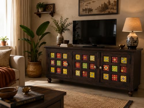 Image of Sheesham Wood TV Unit Cabinet with Handcrafted Ceramic Tile Doors | Dark Walnut Finish | 3 Door TV Console Entertainment Center | Storage Cabinet for Living Room (57 x 18 x 23 Inches)