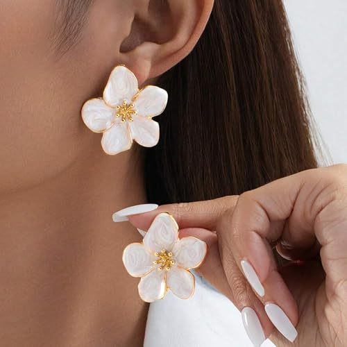 4 Pairs Gold Chunky Flower Earrings for Women, Large Big Floral Dangle Earring Set Trendy Ribbed Jewelry, Statement Earrings for Women Birthday Gift3