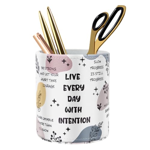 Image of Pen Holder Cute, Pencil Cup, Makeup Brush Holder, Multi-Functional Round Leather Pen Supply Organizer for Teens Adults, Inspiring Words Pattern