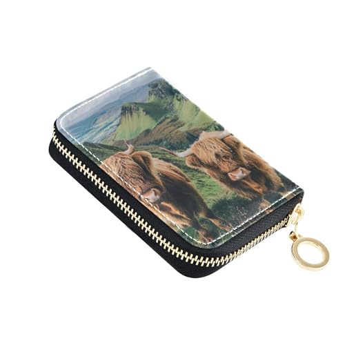 Cute Highland Cow Animal Brown Women's Wallet Leather 9 Credit Card Slots & 2 Cash Slots Zippered Zipper Coin Purse with Key Ring