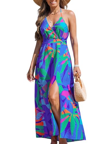 Image of CUPSHE Women Halter Backless Summer Dresses Spaghetti Strap Side Slit Casual Beach Sundress Holiday Vacation Maxi Dress