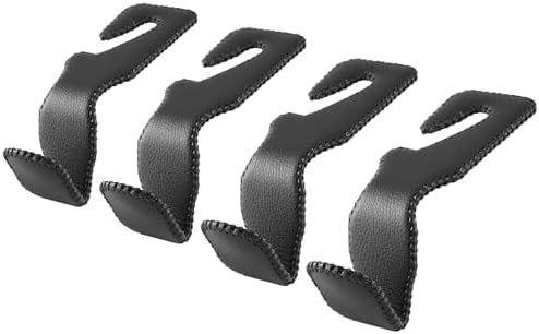 LivTee Headrest Hooks for Car, Back Seat Organizer Black Leather Hanger Holder Hook, Interior Car Accessories for Hanging Purses Bags Coats, 4 Pack