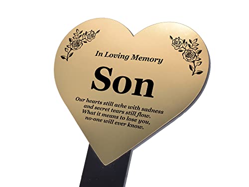 Placa de recuerdo de corazón de hijo – Metallic Silver / Gold Acrílico, impermeable, al aire libre, marcador de tumbas, homenaje, marcador de plantas. Se envía a nivel mundial. (dorado)