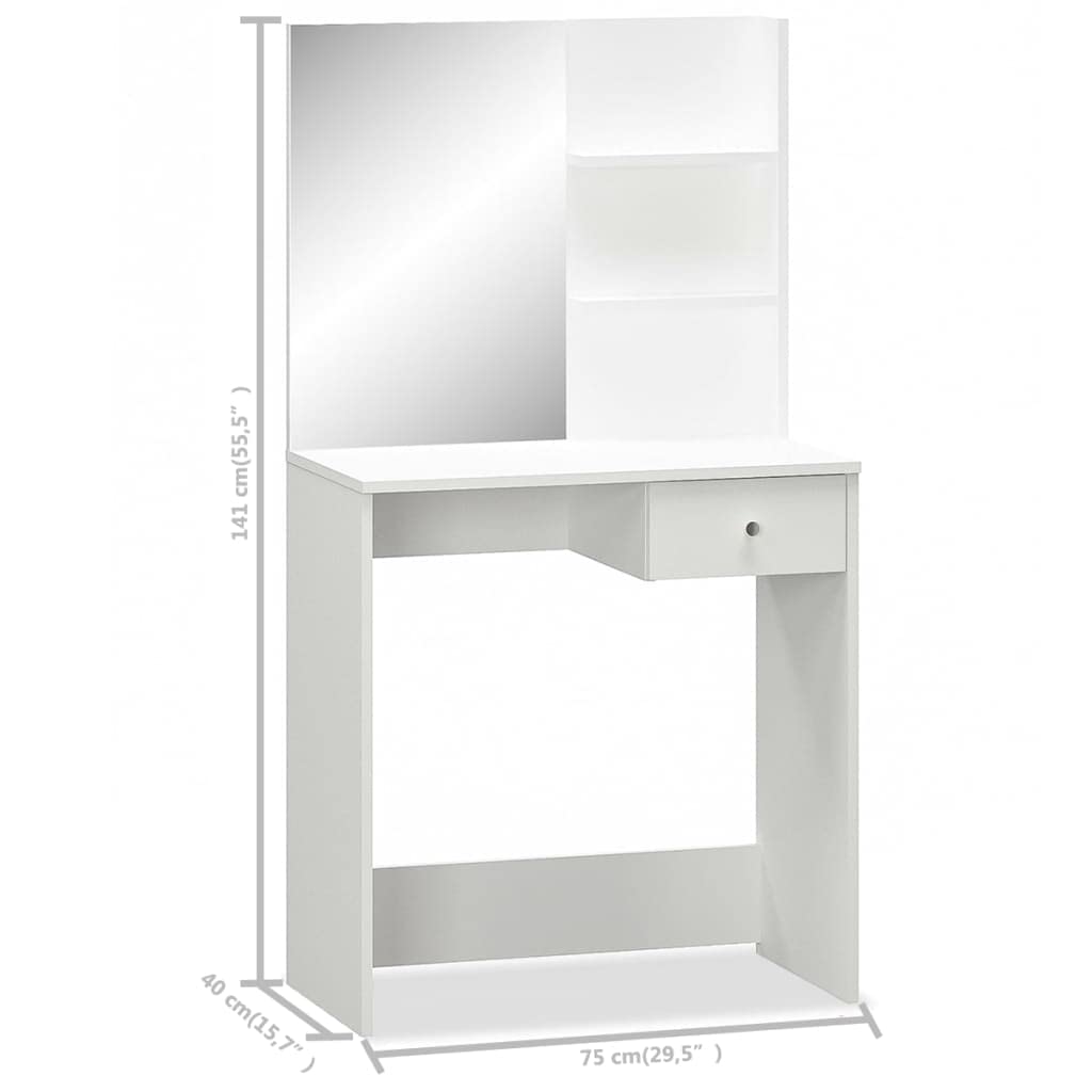 Coiffeuse Bois d’ingénierie 75x40x141 cm Blanc Mat avec Grand Miroir Tiroir Spacieux Étagères Eclairage LED pour Chambre Salle de Bain Chambre Dressing Femme Adulte Ado