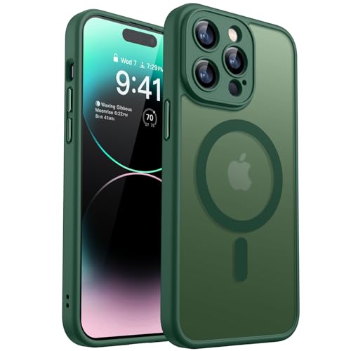 CANSHN Magnetic Compatible with iPhone 14 Pro Max Case(6.7 Inch), Upgraded [Full Camera Protection] [Compatible with Magsafe] [Translucent Matte] Shockproof Protective Phone Case Cover - Deep Green