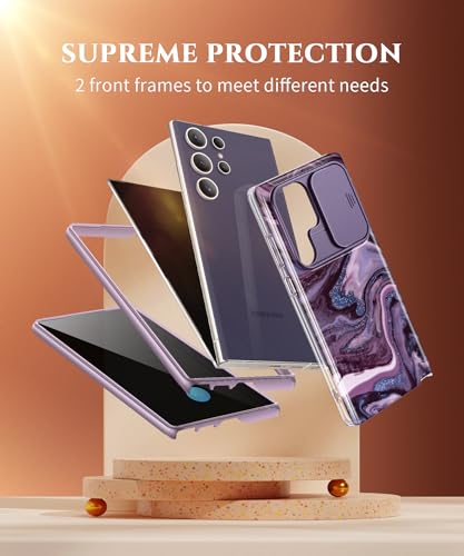 Image of GVIEWIN for Samsung Galaxy S24 Ultra Case, [Slide Camera Cover & Built-in Anti-Spy Privacy Screen Protector] [2 Front Frames] Shockproof Military Grade Marble Phone Case for S24 Ultra 6.8 inch(Quicksand)