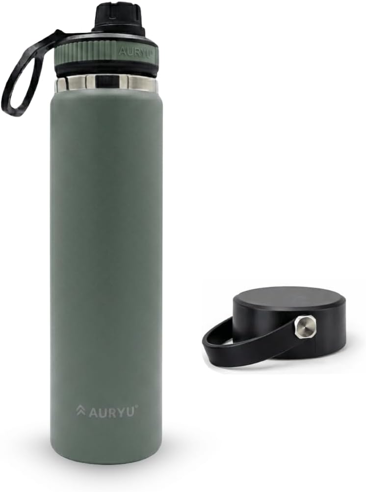 Olive Green 24oz Triple-Wall Stainless Steel Water Bottle Wide Mouth, Leak Proof Thermos with Bonus Spout Lid BPA-Free Flask for Gym, Hiking, Travel, Hot & Cold Drinks
