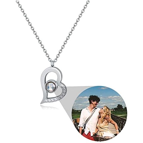 ZLHZW Necklace with Picture Inside Personalised Photo Projection Heart Rhinestone Pendant Custom Jewelry Valentines Day Birthday Anniversary Memorial Customized Gifts for Women Mom Her Silver Cover