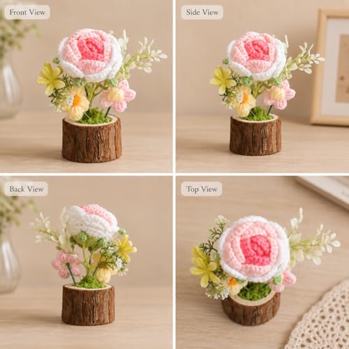 Image of Handmade Crochet Flower with Real Wood Base, 12 cm Pink White & Green Artificial Knitted Rose Bouquet for Home Office Table Shelf Desk Decor, Bedroom Living Room Gift Decoration