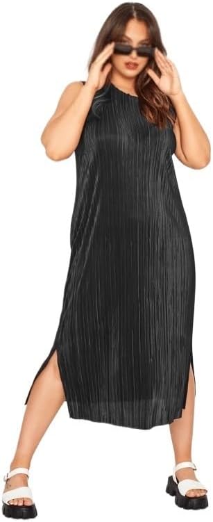 JSEIAJB Plisse Midi Dress Women Sleeveless Loose Casual Dress Side Slit Large Size Straight Office Dress(4X-Large)
