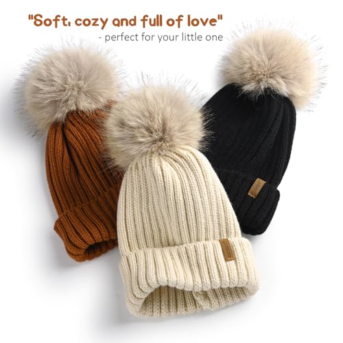 Kids Winter Hat Toddler Stretchy Knitted Beanie with Faux Fur Pom Poms Beanie for Baby Girls Boys3