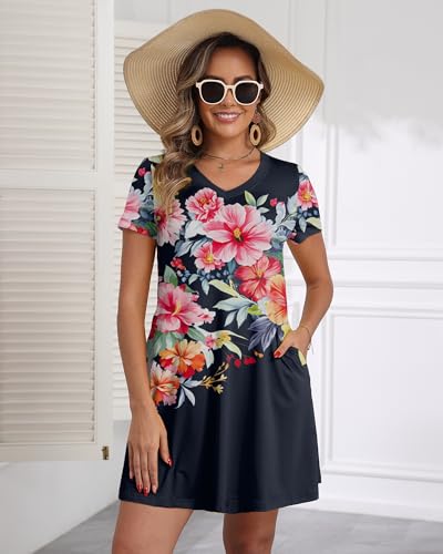 Image of COSSEN Women's Casual T Shirt Dress V-Neck Short Sleeves Swing Dresses Birthday Party Summer Travel Beach with Pocket