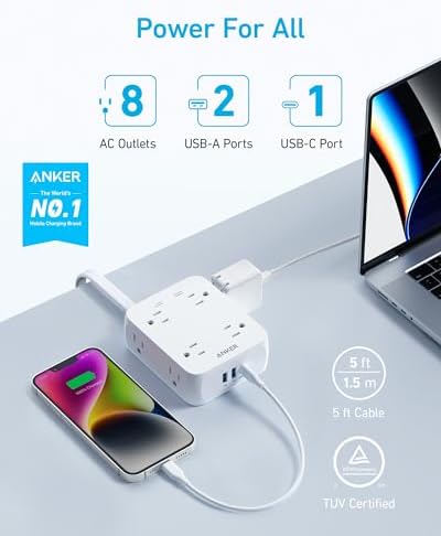 Anker Power Strip with 2000J Surge Protector, 5ft Outlet Extender, 20W, 8AC